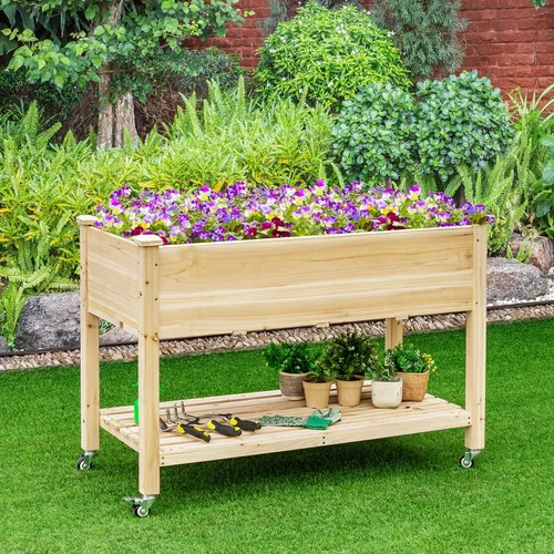 Hochbeet Holz Frühbeet Pflanzkasten mit Rädern - Blumenkasten für den Außenbereich, aus Holz mit praktischen Rollen für einfache Mobilität, ideal für Blumen, Erdbeeren und Kräuter.