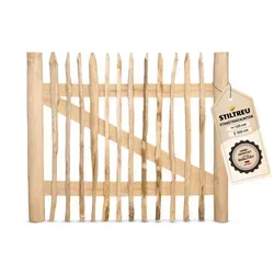 STILTREU® Edelkastanie Staketenzaun-Tor 120 cm x 100 cm - Hochwertiges, handgefertigtes Staketenzaun-Tor aus Edelkastanie, vormontiert und mit doppelter Nagelung für lange Haltbarkeit. Ideal für linken oder rechten Toranschlag und hergestellt in Deutschland.