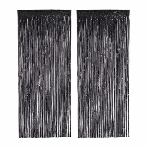 PHENO FLAGS 2 Stück Schwarzer Lametta Vorhang, 1x2,5m - Glitzernde Silvester-Deko im dunklem Metallic-Look, Lametta Girlande für Ihre Halloween-Party