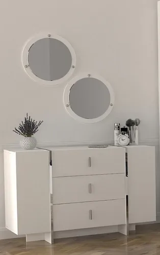 Moderne Anrichte mit Spiegel 3tlg - Weißes Sideboard - Elegantes 3-teiliges Sideboard mit 3 Schubladen und 2 Spiegeln. Ideal für Flur oder Schlafzimmer. Mit modernem Design und hellen Holzton, perfekt für stilvolle Einrichtung.