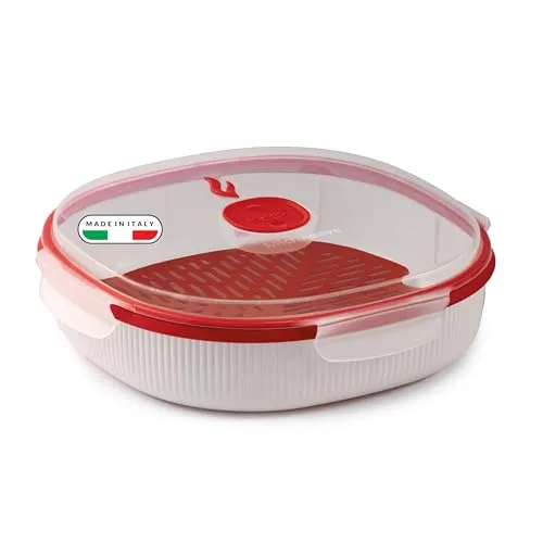 Snips - Dampfgarer für Mikrowelle Weiß 2L, Microwave Mikrowellenschüssel mit Herausnehmbarem Korb und Dampfventil, Mikrowellenbehälter Spülmaschinenfest Schnelle Zubereitung 24,5x24,5x7, Made in Italy