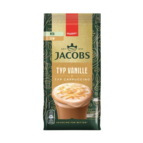 Jacobs Typ Cappuccino Vanille - 360 g - Instantkaffee mit cremigem Vanille-Geschmack, ideal für 25 köstliche Getränke. Einfach zubereitet für den perfekten Kaffeegenuss.