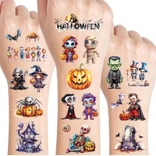 Halloween Tattoos für Kinder, 12 Blätter Temporäre Glitzer Tattoo Set Kinder, Halloween Party Deko, Temporäre Tattoos Geschenke für Jungen Mädchen