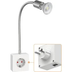 ledscom.de Steckdosenlampe LESCH Leselampe, chrom/weiß mit GU10 LED Lampe - Stehleuchten mit integrierter Schuko-Steckdose für mehr Funktionalität. Flexible, schwenkbare Armatur ideal zum Lesen und Arbeiten, modern im Design und einfach zu installieren.