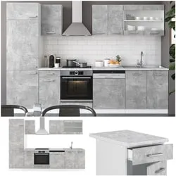VICCO KÜCHE R-LINE 300 CM KÜCHENZEILE KÜCHENBLOCK EINBAUKÜCHE BETON OHNE ARBEITSPLATTEN