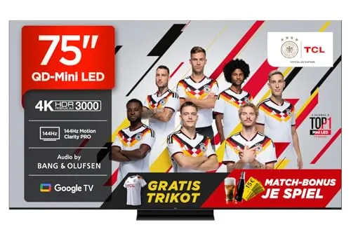 TCL 75Q7CX7 QLED Mini LED-Fernseher 75 Zoll - 4K Ultra HD Smart-TV mit Google TV und beeindruckendem Audio von Bang & Olufsen für ein unvergleichliches Seherlebnis.