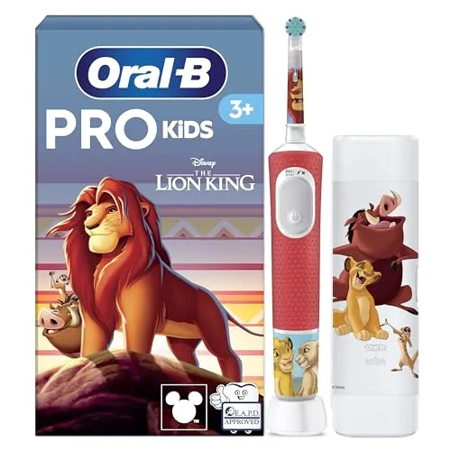 Oral-B Pro Kids König der Löwen Elektrische Zahnbürste - Elektrische Zahnbürsten für Kinder ab 3 Jahren mit extra weichen Borsten und Sensitiv+ Modus für sanfte Zahnreinigung. Inklusive 4 Sticker für mehr Spaß beim Zähneputzen!