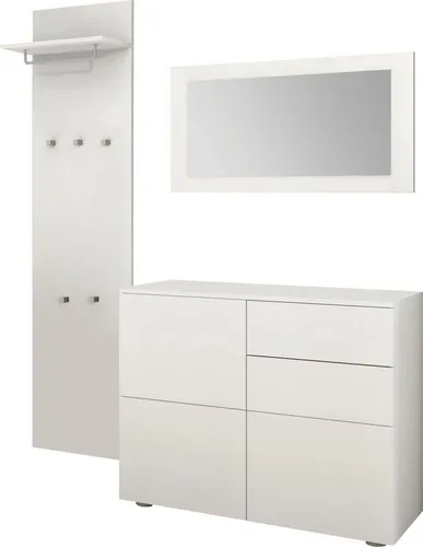 Borchardt Möbel Garderoben-Set Rova (3-tlg) in Weiß - Drohnen-Garderoben-Set mit modernem Design, inklusive Paneel, Kommode und Spiegel, ideal für einen stilvollen Flur und einfache Selbstmontage.