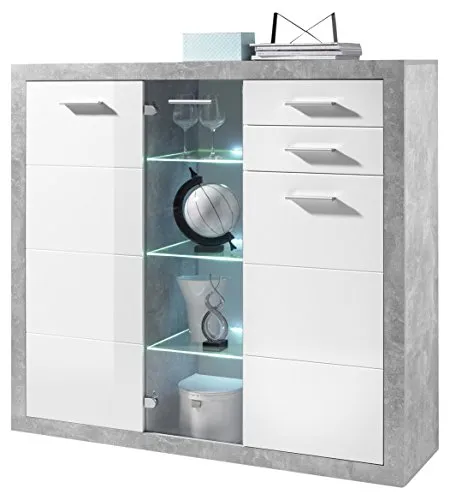 STONE Kommode in Beton Optik, Weiß Hochglanz - Moderne Kommode mit LED-Beleuchtung - Kommoden & Sideboards - Zeitloses Design mit urbanem Touch und stimmungsvolle LED-Beleuchtung für ein stilvolles Wohnambiente. Ideal für Wohnzimmer, Schlafzimmer oder Eingangsbereich.