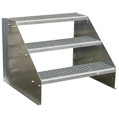 Robuste Stufen Standtreppe - Verzinkte Stahltreppe 60cm Breite, 63cm Höhe - Stehleiter für den Außenbereich, freistehend und stabil, ideal für industrielle Anwendungen und sicheren Zugang.