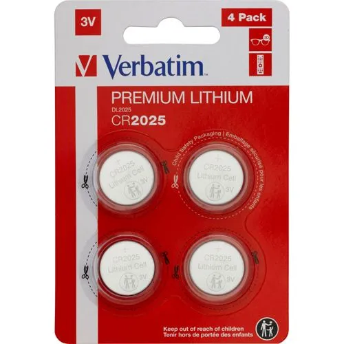 Verbatim Premium Lithium Knopfzellen CR2025 - 4er Pack 3V 160mAh, langlebige Batterien für Uhr, Autoschlüssel und mehr, zuverlässige Stromversorgung