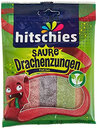 Hitschler Saure Drachenzungen, Fruchtgummi 125g - Fruchtgummis/Lakritze - Veganes, saures Fruchtgummi in Form von Drachenzungen mit fruchtigen Geschmäckern wie Apfel und Erdbeere, perfekt für alle Gelegenheiten!