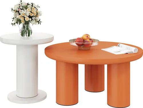 Elegantes Rundes Couchtisch-Set in Cremefarben - Vielseitiges Couchtisch-Set aus lackierter MDF-Platte mit stabilen PVC-Beinen. Ideal für modernes Wohnen, sicher dank abgerundeter Kanten und perfekt für verschiedene Raumgestaltungen.