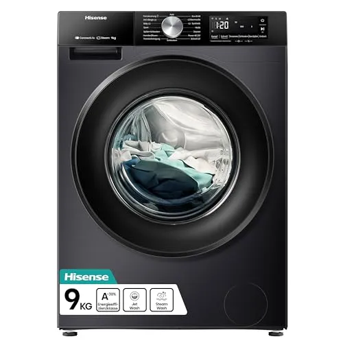 Hisense Waschmaschine WF3S9043BB3 - 9 kg, 1400 U/min, Wifi-ConnectLife, Schwarz - Frontlader mit Dampffunktion für saubere, glatte Wäsche und weniger Bügelaufwand. 19 Programme, inklusive Anti-Allergie und QuickWash, sorgen für flexible Nutzung.