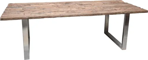 SLEEPER Esstisch 240x100 cm aus recyceltem Holz mit Edelstahlgestell - Der SLEEPER Esstisch vereint Nachhaltigkeit und modernes Design. Die massive Tischplatte aus recyceltem Holz sorgt für einen einzigartigen Charakter, während das robuste Edelstahlgestell Stabilität bietet. Ideal für gesellige Abende.