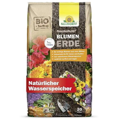 Neudorff NeudoHum BlumenErde - Torffreie Bio Erde, 20 Liter für Innen und Außen, fördert kräftige Blumen und viele Blüten, umweltfreundlich und von NABU empfohlen