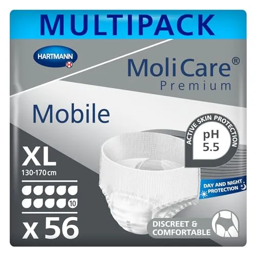 MoliCare Premium Mobile 10 Tropfen XL - Sparpaket (4 x 14 Stück) - Inkontinenzeinlagen für aktive Personen, mit geruchsbindendem Saugkern und bis zu 12 Stunden Auslaufschutz. Ideal für Nachtversorgung und optimalen Tragekomfort.