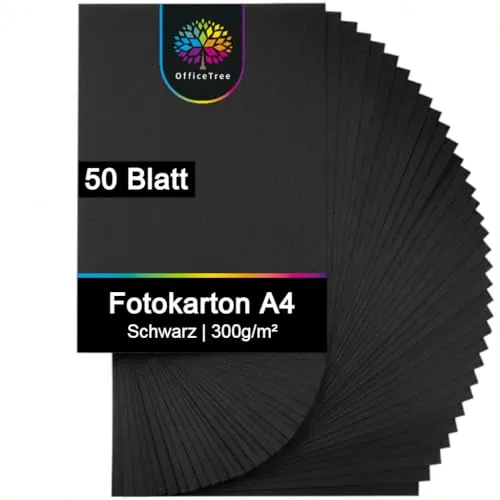 OfficeTree 50 Blatt Fotokarton A4 Schwarz 300g - Fotokarton Schwarz A4 zum Basteln, Schneiden & Scrapbooking – Lignin- & Säurefrei - Tonkarton
