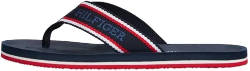Zehentrenner TOMMY HILFIGER "COMFORT HILFIGER BEACH SANDAL", Herren, Gr. 42, bunt (dunkelblau, weiß, rot), Textil, casual, Schuhe, Sommerschuh, Strandschuh mit plakativem Logo-Schriftzug