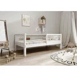 TIMBEE Alfi Kinderbett 90x180 cm - Weißes Einzelbett mit Lattenrost und Rausfallschutz - Kleinkindbett aus robustem Kiefernholz, belastbar bis 100 kg, mit abnehmbaren Rausfallschutz und hohem Stauraum unter dem Bett.