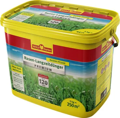 Wolf-Garten Dünger LE 250 - Premium Rasendünger mit 25% Cashback - Dünger für dichten, gesunden Rasen, Langzeitwirkung bis zu 4 Monate und ideal für Außenbereiche. Profiqualität, bewährt auf Golf- und Sportplätzen. 5 kg für 250m².