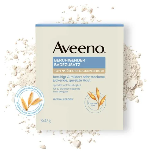 AVEENO Beruhigender Badezusatz 8x42 g – Entspannung für empfindliche Haut - AVEENO Beruhigender Badezusatz 8 x 42 g für eine sanfte Hautpflege. Mit natürlichem kolloidalem Hafer, ideal für sehr trockene und empfindliche Haut. Genießen Sie ein entspannendes Bad mit feuchtigkeitsspendenden Eigenschaften.