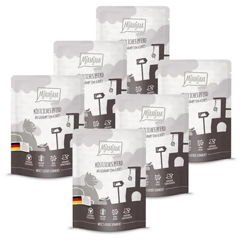 MjAMjAM - Premium Nassfutter für Katzen - Quetschie - köstliches Pferd an gedämpftem Kürbis, 6er Pack (6 x 300 g), getreidefrei mit extra viel Fleisch