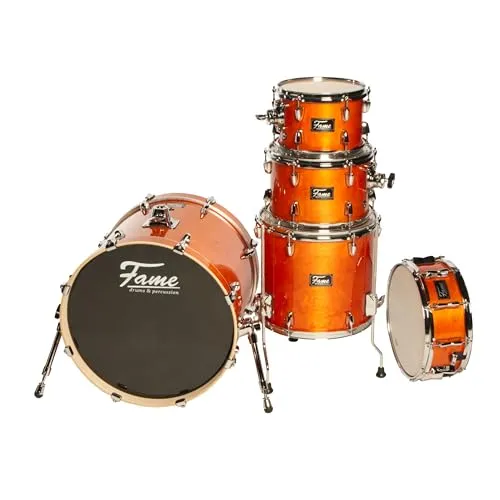 Fame Stage Series Studio Shell Set, 20" BassDrum, 6-Layer Birch Shells, Satin Amber, Chrome Hardware, Free-Swinging Tom Mount, Includes Tom Holder, Premium Drum Kit"