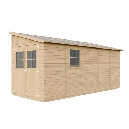 TIMBELA Holz Gartenschuppen mit Fenstern 10,2 m² - Gerätehaus aus hochwertigem Naturholz mit 10,2 m² Lagerfläche, ideal für Werkzeuge und Fahrräder. Robuste Shiplap-Verkleidung sorgt für Langlebigkeit und Stabilität.