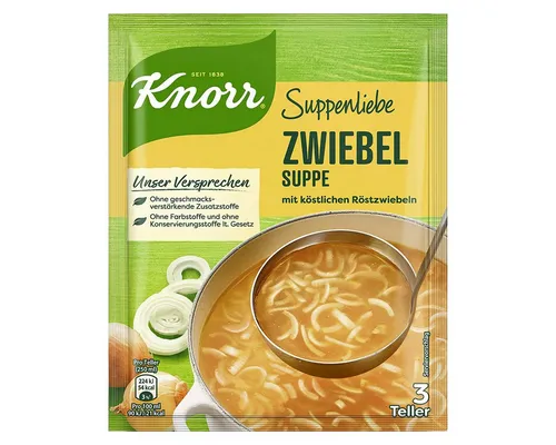 Knorr Zwiebelsuppe mit Röstzwiebeln für 3 Teller, 46g - Genießen Sie die Knorr Zwiebelsuppe mit köstlichen Röstzwiebeln – ideal für schnelle, schmackhafte Mahlzeiten. Perfekt für die ganze Familie und ohne geschmacksverstärkende Zusatzstoffe.