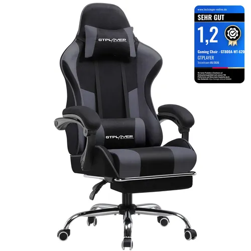 GTPLAYER Ergonomischer Gaming Stuhl mit Fußstütze - Bürostuhl mit Kopfstütze und USB-Massage-Lendenkissen für maximalen Komfort beim Spielen oder Arbeiten. Robuste Metallbeine für Stabilität und langlebigen Einsatz.