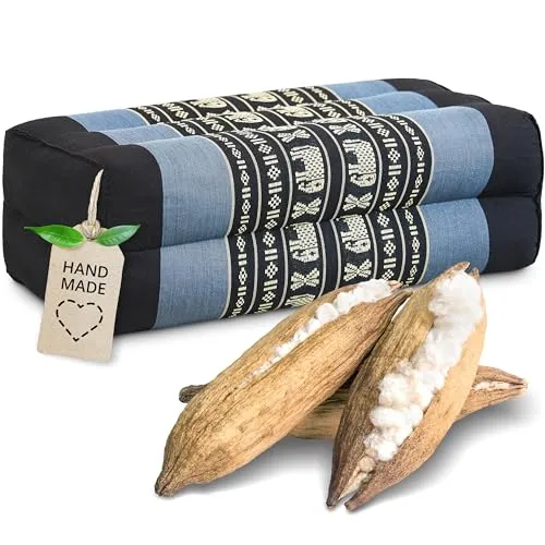livasia Block Yogakissen eckig - 17x34x12cm - Meditationskissen mit Kapok, Stützkissen Bolster rechteckig, Yoga Pilates Zubehör Nackenkissen, Thaikissen fest handgefertigt (Blau/Elefanten)