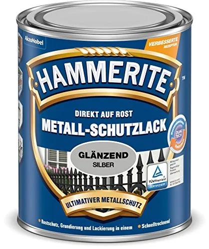HAMMERITE Metall Schutzlack 250ml glänzend silber - Rostschutz für Metall - Lacke, glänzender silberner Rostschutzlack, ideal für langlebigen Schutz von Metalloberflächen gegen Rost und Witterungseinflüsse.