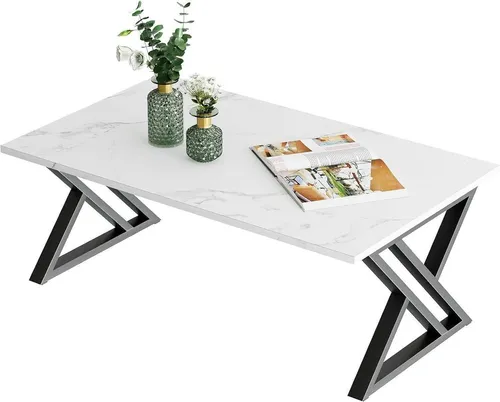Weißer Marmor Couchtisch Holz Metall 100x48x55cm - Schreibtisch mit modernem, minimalistischen Design und robustem Holz-Metall-Gestell, ideal für stilvolle Raumlösungen und eine Tragfähigkeit von 45 kg.