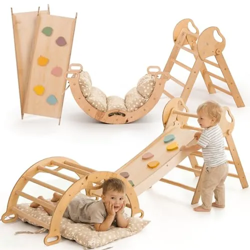 Goodevas 5-in-1 Montessori Klettergerüst Set - Indoor Klettergerüst für Kinder 1-3 Jahre, fördert motorische Entwicklung und Kreativität mit Kletterdreieck, Kletterbogen und Rutsche.