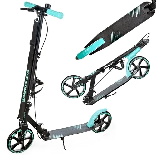 RAVEN Scooter Tretroller klappbar | höhenverstellbar | mit Handbremse und Tragegurt (Illusion Mint) - Vielseitiger Tretroller für Kinder und Erwachsene mit höhenverstellbarem Lenker und stabiler Aluminiumkonstruktion. Ideal für den Alltag, ausgestattet mit Handbremse, Klingel und Flaschenhalter.