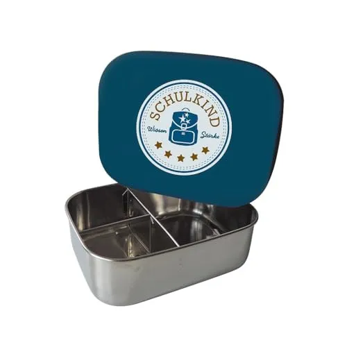 kikadu Brotdose Schulkind Petrol - Kindergeschirr, BPA-frei, mit niedlichen Aufdrucken, Maße 17x13x5,5cm