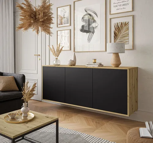 Hängekommode SANAYI Artisan Eiche/Schwarz - Moderne Kommode mit drei Ablagefächern und praktischem PUSH OPEN-System für müheloses Öffnen. Ästhetische Verarbeitung und robuste, langlebige Materialien machen sie ideal für jedes Zuhause.