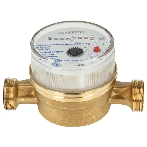 Schlösser Wasserzähler 80 mm, 110 mm, 130 mm - Eichung inkl. Plombiersatz - Wasserzähler für Kaltwasser, DN 15 - 3/4 Zoll Außengewinde, aus robustem Messing gefertigt, ideal für präzise Verbrauchsmessung in Wohnanlagen.