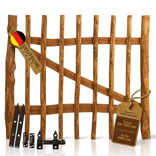 BOOGARDI Gartentor Holz imprägniert – 14 Größen für Ihren Garten - Imprägniertes Gartentor aus Haselnuss in 100 cm Breite, ideal für den Zugang zu Ihrem Grundstück. Witterungsbeständig und sicher für Kinder und Haustiere dank abgeschrägter Latten. Inkl. Beschläge für einfache Montage.