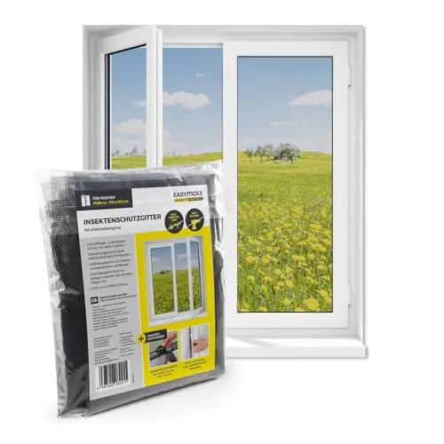 EASYmaxx Fliegengitter Fenster | Moskitonetz, Montage ohne Bohren | zuschneidbarer Insektenschutz Fenster bis 150 x 180 cm | Mückenschutz | Fliegennetz Klettband selbstklebend [Schwarz]