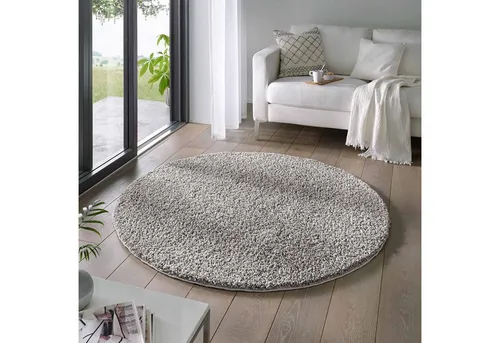 TaraCarpet Langflor-Teppich Venezia Shaggy, rund, Höhe: 35 mm, Hochflor Shaggy Uni Grau Wohnzimmer Schlafzimmer 080x080 cm