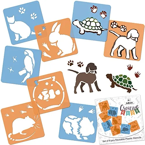 NAKLEO Schablonen Malen für Kinder, 8 Stück Set 15x15cm Haustiere, Kinder Kreatives Zeichenschablonen, Kunststoff Wiederverwendbar Malschablone DIY Handwerk, Papier Wand Holz Stoff