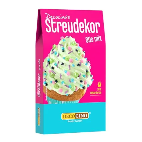 DECOCINO 90s Mix 40 g, süße Zuckerstreusel in bunten 90er-Jahre Farben, Streudekor für Partys, Mottopartys, Geburtstage und Feiern, für Torten, Kuchen und Cupcakes