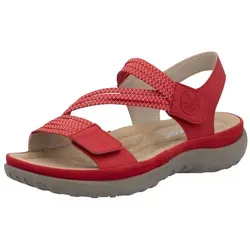 Rieker Riemchensandale mit Keilabsatz in Rot, Größe 43 EU - Sportliche Sommerschuhe mit bequemem Klettverschluss und Gummizügen. Ideal für warme Tage, aus veganem Nubuklederimitat gefertigt und mit gepolsterter Innensohle für hohen Tragekomfort.