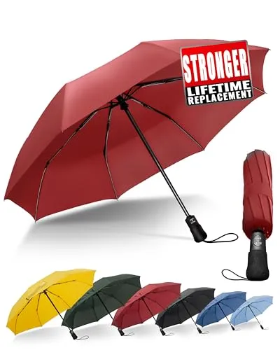 Chakipee Kompakter Reise Regenschirm Groß Sturmfest – Automatik Taschenschirm für Herren und Damen, Tragbarer 210T-Stoff 97 cm Spannweite 8 Rippen Schirm Rot