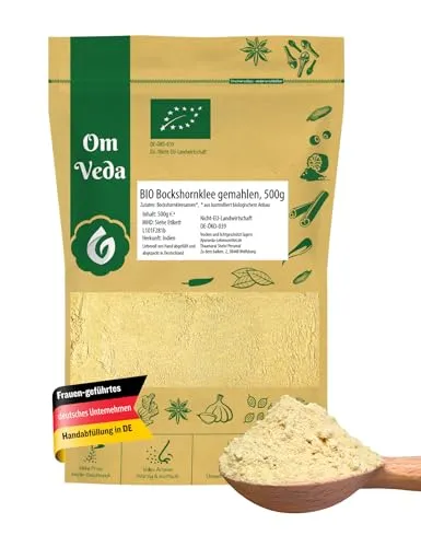BIO Bockshornklee gemahlen | Fein gemahlenes Bockshornkleesaatpulver ohne Zusätze | Organic Fenugreek Seeds Powder | Ideal für Tee oder als Gewürz | OmVeda (500g)