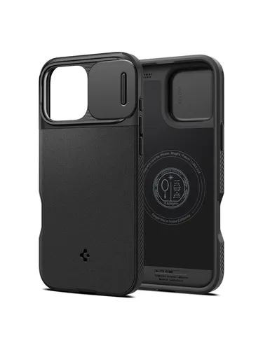Spigen Optik Armor MagFit Hülle für iPhone 16 Pro - Schwarz, doppelte Sicherheit mit Snap-Lens-Technologie und MagSafe-Kompatibilität