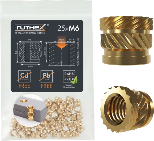 Ruthex M6 threaded insert – Rx-M6x6,8 - 25 pcs GE-M6x68-001