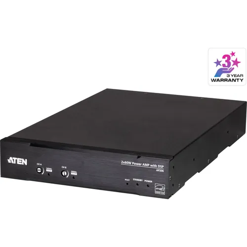 Aten AP206 2 x 60W DSP Leistungsverstärker - Kompakter 2-Kanal DSP-Verstärker mit 60W pro Kanal, ideal für vielseitige Beschallungslösungen. Integrierter DSP mit WebGUI für präzise Klangabstimmung und Energieeffizienz.
